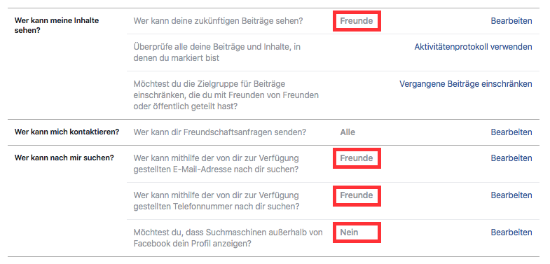 Facebook-Privatshäre-Einstellungen